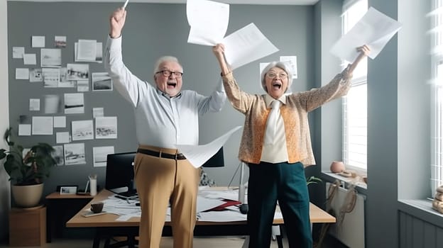 A man and a woman are joyfully throwing papers high up in the air, creating a cheerful and lively atmosphere all around them