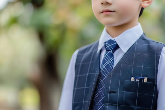 A well-dressed young boy stands confidently in a park, wearing a tailored vest and tie. The background features lush greenery and soft sunlight creating a cheerful atmosphere.