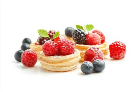 Fluffy pancakes layered with fresh raspberries and blueberries provide a visually appealing treat. The vibrant fruits add color and flavor, creating a delightful breakfast.