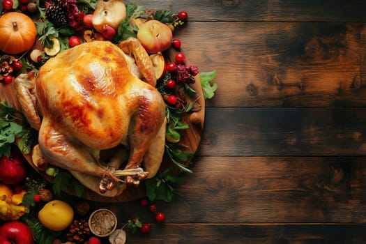 A golden-brown turkey rests on a wooden platter, adorned with seasonal fruits and vegetables, ready for a festive Thanksgiving feast with friends and family.