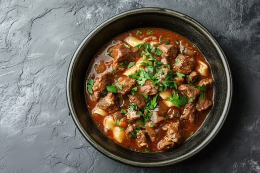 A steaming bowl of beef stew filled with tender meat, potatoes, and fresh herbs creates a comforting dish ideal for cold days. Perfect for warming up and sharing with loved ones.