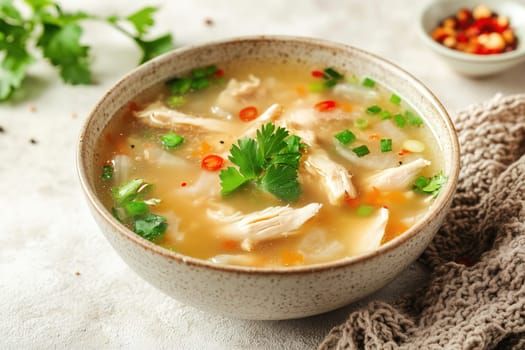 A steaming bowl of chicken soup showcases tender shreds of chicken, vibrant herbs, and spices, resting on a warm kitchen countertop, evoking comfort and flavor.