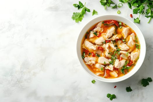 A steaming bowl of hearty chicken soup filled with tender pieces of chicken, herbs, and spices is presented on a light surface. Fresh cilantro and green onions add vibrant color and flavor.
