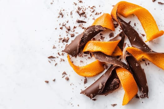 Slices of vibrant orange peels are artfully draped alongside rich chocolate, creating a tempting display of sweet and citrus contrast on a marble backdrop.