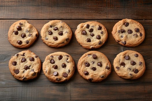 A tempting array of chocolate chip cookies sits on a rustic wooden table, showcasing their golden edges and melt-in-your-mouth chocolate pieces, ideal for gatherings.