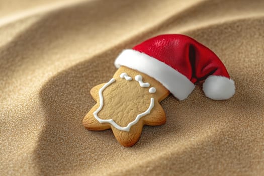 A delightful gingerbread cookie wearing a plush Santa hat rests on a bed of golden sand, combining festive cheer with a beach vibe during the holiday season.