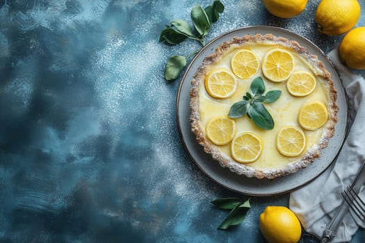 A lemon tart sits elegantly on a plate, decorated with fresh slices of lemon and mint leaves. Surrounding the tart are vibrant lemons and soft fabric, creating a playful kitchen atmosphere.