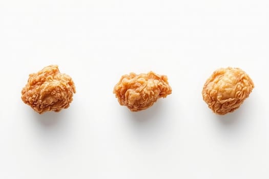 Three delicious fried chicken pieces, golden brown and crispy on the outside, are placed in a row on a bright white background, emphasizing their tempting texture.