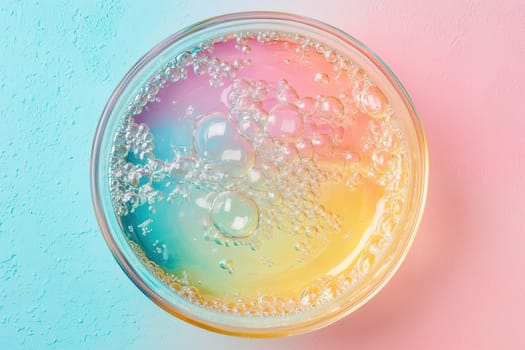 A clear bowl filled with effervescent liquid showcases colorful bubbles emerging towards the surface against a soft gradient backdrop. The vibrant colors enhance the light reflections.