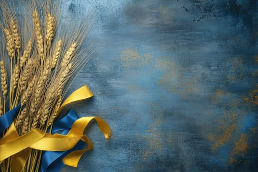 Wheat stalks are elegantly arranged with blue and yellow ribbons on a textured blue surface, symbolizing harvests and rural beauty. This arrangement evokes a rustic charm ideal for seasonal themes.
