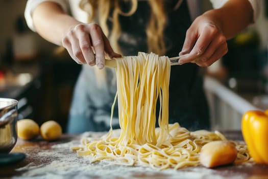A cook skillfully rolls and cuts fresh pasta dough on a wooden surface, surrounded by kitchen tools and ingredients. The warm light of dusk enhances the ambiance.