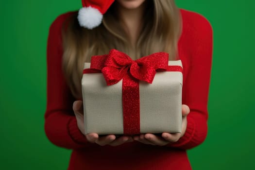 The festive atmosphere radiates as a person wearing a Santa hat presents a carefully wrapped gift, adding joy to the holiday spirit.