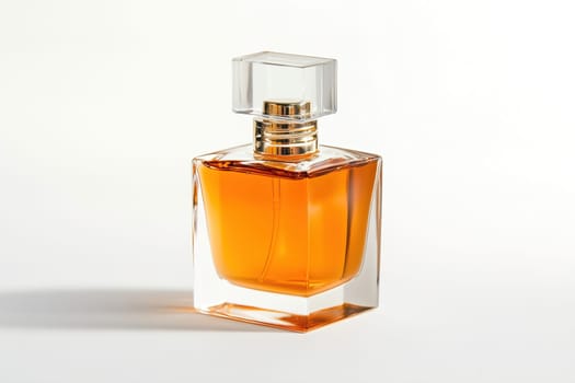 A beautifully crafted glass bottle containing amber perfume stands on a light background, highlighting its elegant shape and luxurious color, perfect for fragrance lovers.