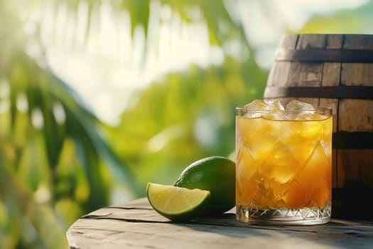 A refreshing cocktail is served over ice with a slice of lime, placed on a rustic wooden table near an oak barrel amidst vibrant green foliage.