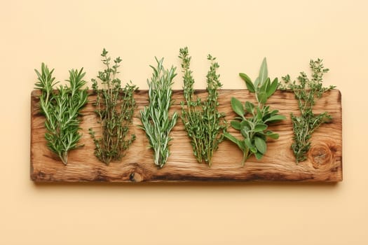 A variety of fresh herbs including rosemary, thyme, and sage are arranged neatly on a rustic wooden board, complemented by a vibrant yellow backdrop, highlighting their vivid colors.