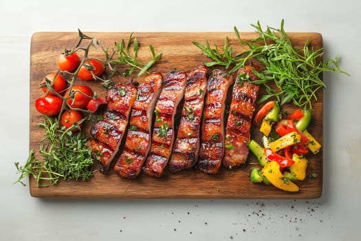 A succulent grilled steak is beautifully arranged on a rustic wooden board, surrounded by ripe cherry tomatoes, fresh herbs, and colorful diced vegetables, perfect for a hearty meal.