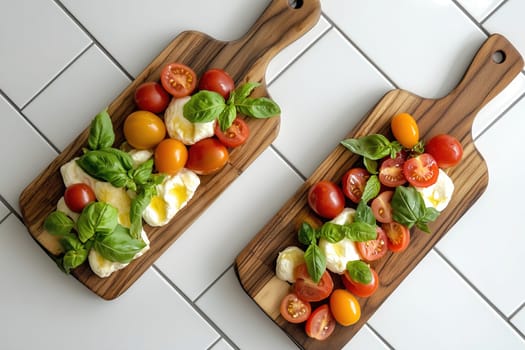 Fresh mozzarella is beautifully arranged with a variety of ripe cherry tomatoes and fragrant basil on wooden cutting boards, enhanced by natural light in a modern kitchen.