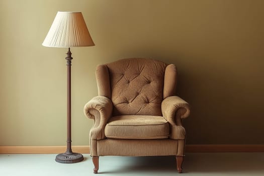 The vintage armchair, upholstered in soft fabric with tufted detailing, stands beside a stylish floor lamp, creating a warm and inviting corner in a softly lit room.