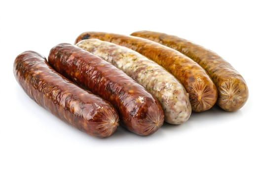 A variety of sausages in different colors and textures are arranged artfully on a plain surface. The selection highlights distinct types, perfect for grilling or cooking.