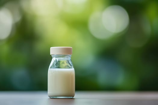 A small glass bottle filled with white milk stands on a wooden table. The soft, blurred green background creates a calm and fresh ambiance, perfect for a rustic style.