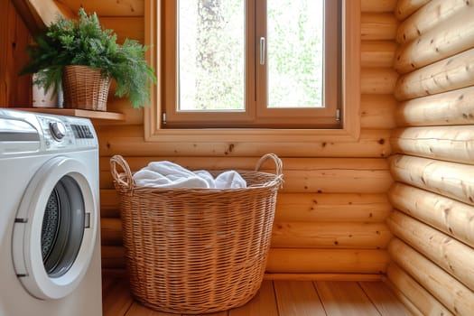 A warm, inviting laundry area showcases a washing machine beside a wicker basket filled with neatly folded towels, illuminated by natural light.