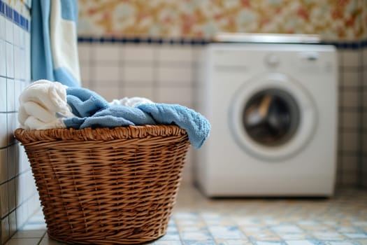 A wicker basket filled with neatly folded towels stands in a warm laundry room next to a washing machine, with colorful wallpaper adding charm.