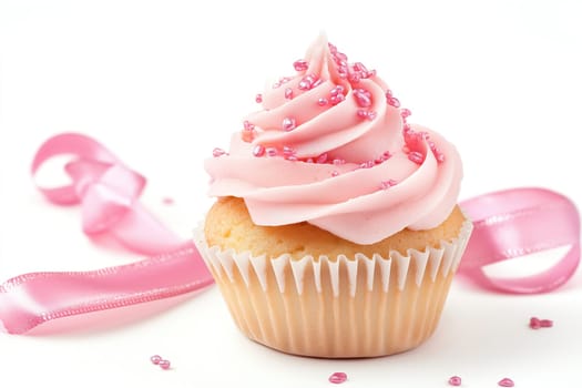 A scrumptious cupcake topped with creamy pink frosting and sparkling sprinkles sits elegantly against a pristine white backdrop, accompanied by a delicate pink ribbon.