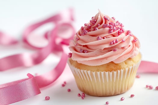 A beautifully topped cupcake features soft pink frosting adorned with sparkling sprinkles. It rests on a clean surface alongside delicate pink ribbons, creating an inviting atmosphere.
