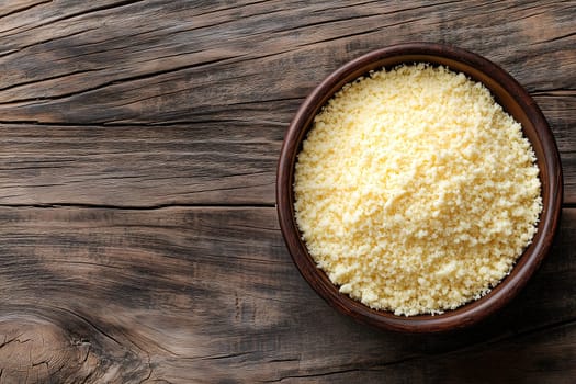 A wooden bowl filled with fine breadcrumbs sits on a weathered wooden table, highlighting the texture of the crumbs and the rustic background, perfect for culinary use.