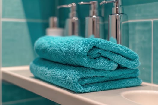 A pair of neatly stacked turquoise towels rests on a bathroom shelf, accompanied by shiny silver soap dispensers, creating a calming atmosphere.