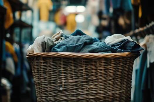 The basket overflows with neatly arranged clothes, showcasing various fabrics and colors, as people move around in the lively laundromat.