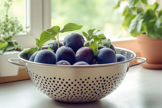 Fresh, ripe plums are gathered in a colander, surrounded by leafy green plants. Sunlight fills the kitchen, enhancing the vibrant colors of the fruit.