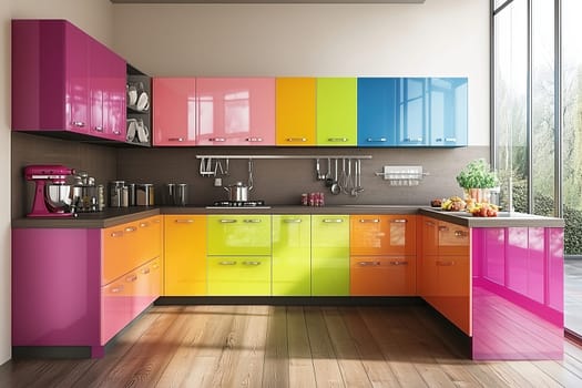 A modern kitchen showcases an array of colorful cabinets in pink, orange, yellow, and blue, creating a lively and inviting space with natural light flowing in.