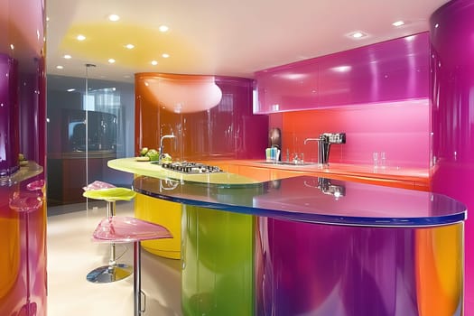 This modern kitchen features a striking palette of bright colors, sleek surfaces, and a unique curved island, making it a lively space for culinary creativity.