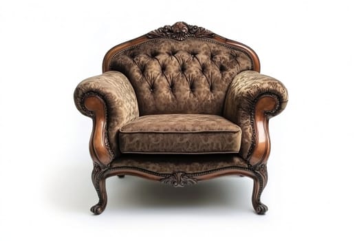 This vintage armchair features tufted brown upholstery and richly carved wooden legs, highlighting its classic design and craftsmanship in a modern, uncluttered environment.