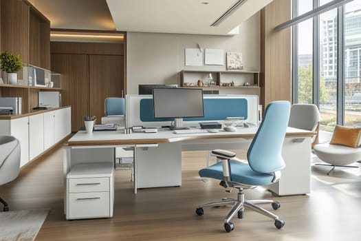 A spacious office layout showcases stylish furniture with a ergonomic chair and computer setup, illuminated by sunlight through expansive windows.
