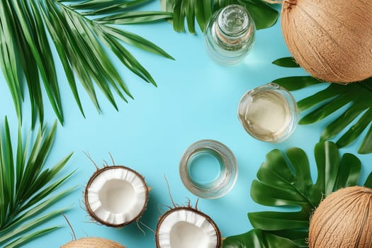 Coconuts cut open reveal white flesh, surrounded by vibrant palm leaves and clear bottles of water on a bright blue surface, evoking a tropical atmosphere.