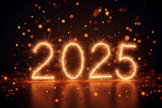 The glowing numbers 2025 are surrounded by sparkling lights in a festive atmosphere, celebrating the arrival of the new year with joy - Generative AI