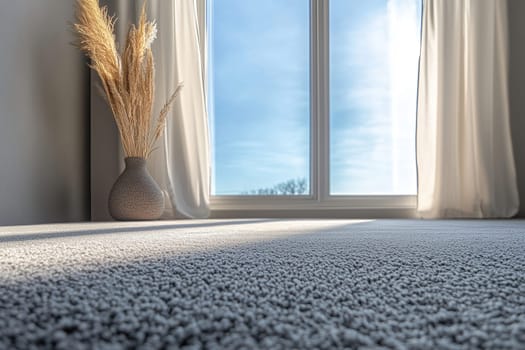 A serene indoor space with a plush carpet, an elegant vase filled with dried grass, and natural light gently illuminating the room through sheer curtains by a window.