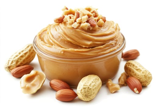 A glass jar filled with smooth peanut butter is surrounded by whole and shelled peanuts. The scene showcases the rich texture and natural appeal of this popular spread.