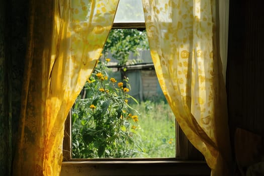 Yellow curtains frame a picturesque view of a vibrant garden, where flowers bloom in abundance under the warm glow of sunlight. The scene evokes tranquility and natural beauty.