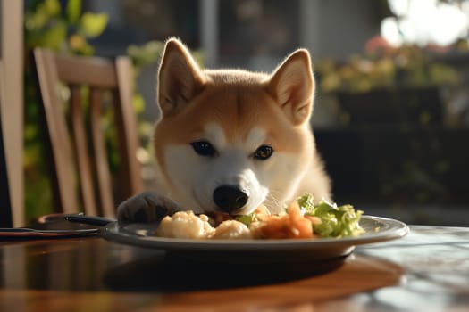 A Shiba Inu sits patiently at a table, eyeing a plate of fresh vegetables and food under warm sunlight. The atmosphere is calm and relaxed.