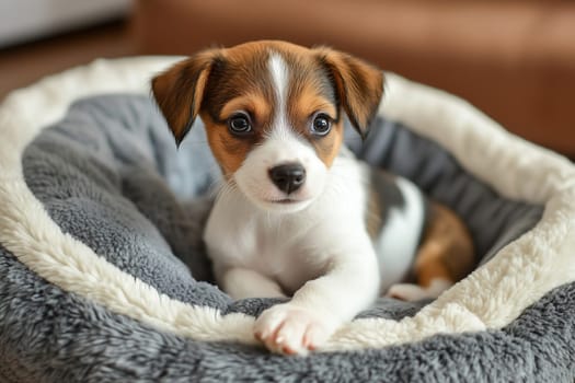 A playful puppy relaxes in its soft bed, gazing curiously around the room. Its fur is a mix of brown and white, displaying a charming personality.