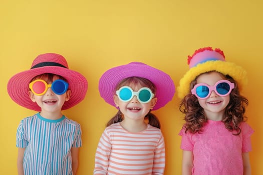 Three smiling children pose together, each sporting vibrant hats and sunglasses, showcasing their playful summer spirit against a cheerful yellow backdrop.