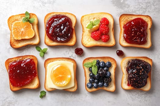 A delightful breakfast arrangement showcases slices of toast adorned with different jams, fresh raspberries, blueberries, and mint leaves on a textured gray surface.