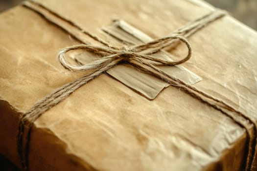 A neatly wrapped brown package tied with twine sits on a rustic wooden table, showcasing a simple yet elegant presentation. The soft daylight highlights the textures beautifully.