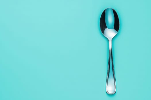 A sleek stainless steel spoon lies flat against a bright turquoise background, emphasizing its design and reflecting light. The simplicity of the scene highlights contemporary kitchen aesthetics.