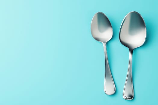 Two stainless steel spoons are positioned elegantly on a smooth light blue surface, showcasing their shine and craftsmanship. The simplistic arrangement emphasizes their beauty.