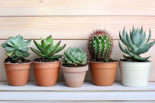 Five different potted succulents are arranged on a wooden shelf, showcasing various shapes and colors against a rustic backdrop. The vibrant greenery enhances the indoor atmosphere.