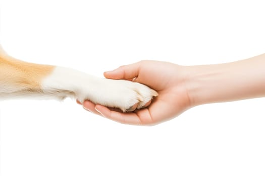 A person extends their hand to meet a dog's paw, creating a tender moment of connection. This interaction highlights trust and companionship between human and pet.